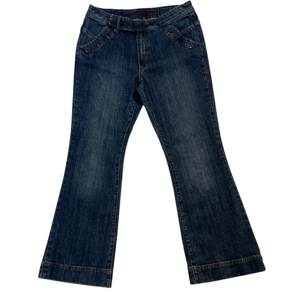 KIKIT‎ JEANS Vintage Y2K Women's Blue Denim Flared Nautical Button Jeans Size 14